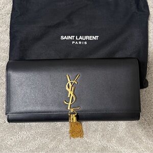 Saint Laurent Kate Monogrammed Leather Clutch Bag With Gold Tassle